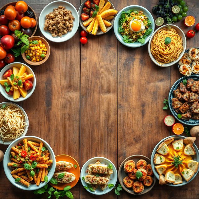An artistic display of various dishes beautifully arranged around the edges of the image, leaving a clear, inviting free space in the middle