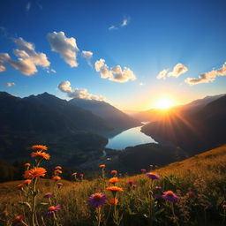 A breathtaking view of a scenic location featuring majestic mountains, lush green valleys, and a crystal-clear lake reflecting the blue sky