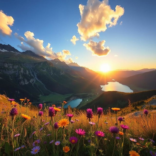 A breathtaking view of a scenic location featuring majestic mountains, lush green valleys, and a crystal-clear lake reflecting the blue sky