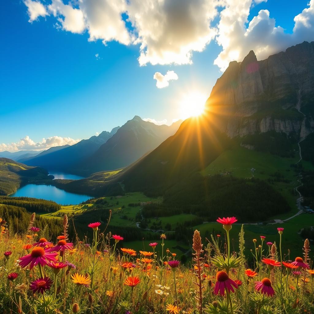 A breathtaking view of a scenic location featuring majestic mountains, lush green valleys, and a crystal-clear lake reflecting the blue sky