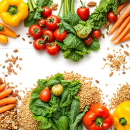 A vibrant arrangement of healthy foods, including colorful fruits and vegetables like bright red tomatoes, green leafy kale, orange carrots, and juicy yellow bell peppers