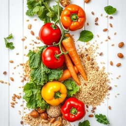 A vibrant arrangement of healthy foods, including colorful fruits and vegetables like bright red tomatoes, green leafy kale, orange carrots, and juicy yellow bell peppers