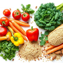 A vibrant arrangement of healthy foods, including colorful fruits and vegetables like bright red tomatoes, green leafy kale, orange carrots, and juicy yellow bell peppers