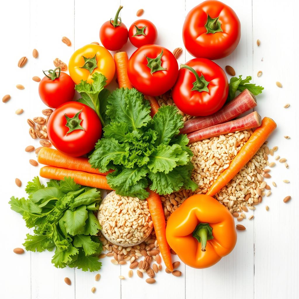 A vibrant arrangement of healthy foods, including colorful fruits and vegetables like bright red tomatoes, green leafy kale, orange carrots, and juicy yellow bell peppers