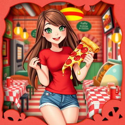 A charming digital art piece showcasing a young woman at a vibrant pizzeria, surrounded by colorful and playful elements