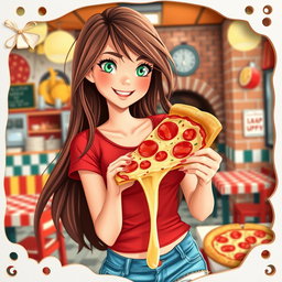 A charming digital art piece showcasing a young woman at a vibrant pizzeria, surrounded by colorful and playful elements