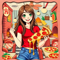 A charming digital art piece showcasing a young woman at a vibrant pizzeria, surrounded by colorful and playful elements