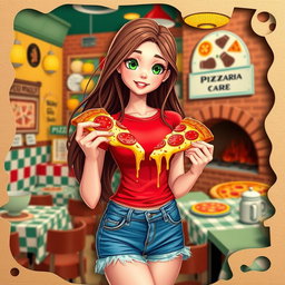 A charming digital art piece showcasing a young woman at a vibrant pizzeria, surrounded by colorful and playful elements
