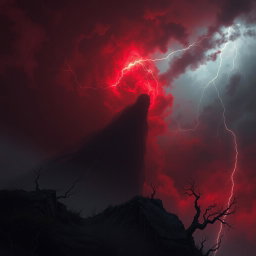 A mystic and atmospheric depiction of a blood shadow, inspired by the theme of stormy weather