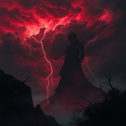 A mystic and atmospheric depiction of a blood shadow, inspired by the theme of stormy weather