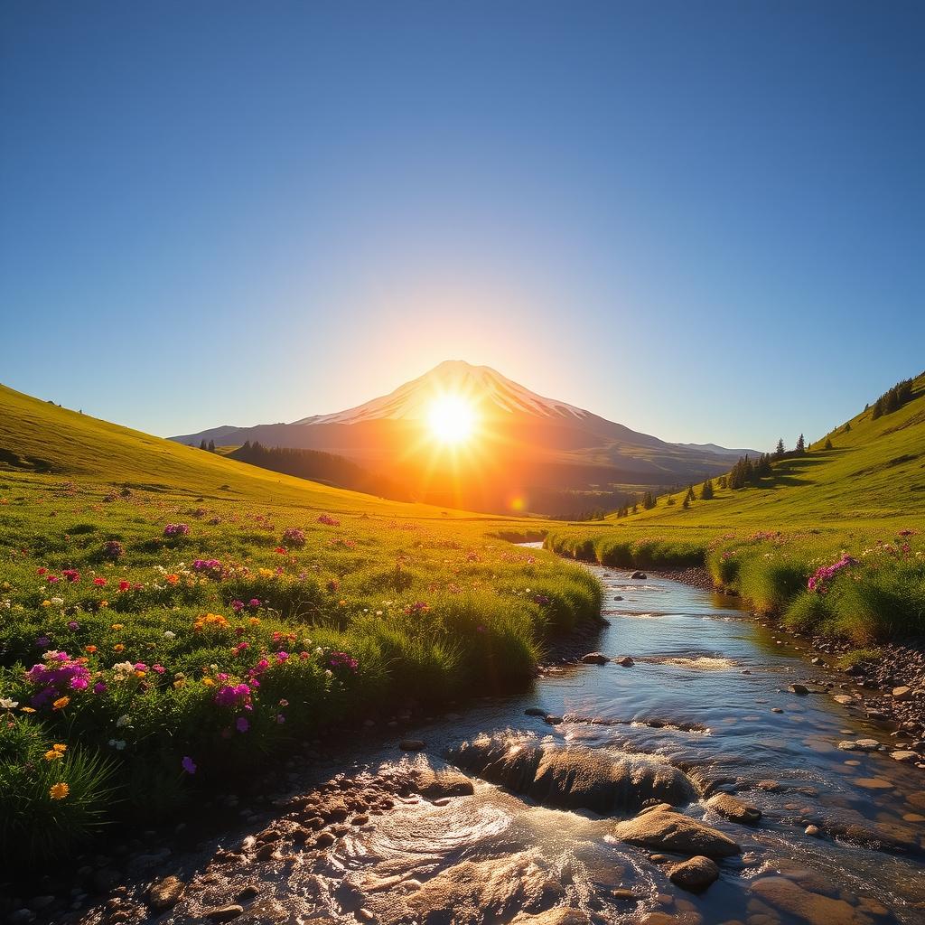A scenic landscape featuring a bright white mountain peak glistening under a clear blue sky, surrounded by a lush green valley filled with colorful wildflowers