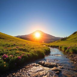 A scenic landscape featuring a bright white mountain peak glistening under a clear blue sky, surrounded by a lush green valley filled with colorful wildflowers