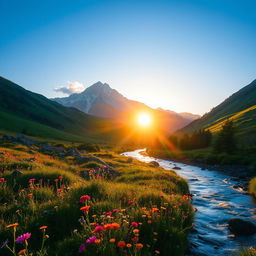 A scenic landscape featuring a bright white mountain peak glistening under a clear blue sky, surrounded by a lush green valley filled with colorful wildflowers