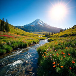 A scenic landscape featuring a bright white mountain peak glistening under a clear blue sky, surrounded by a lush green valley filled with colorful wildflowers