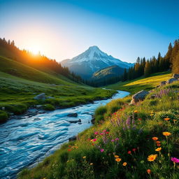 A scenic landscape featuring a bright white mountain peak glistening under a clear blue sky, surrounded by a lush green valley filled with colorful wildflowers