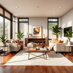 A beautifully designed modern room interior, showcasing a spacious living area with large windows that flood the room with natural light