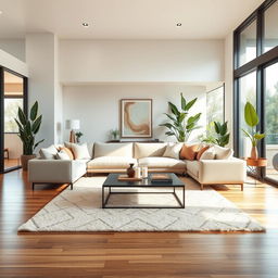 A beautifully designed modern room interior, showcasing a spacious living area with large windows that flood the room with natural light