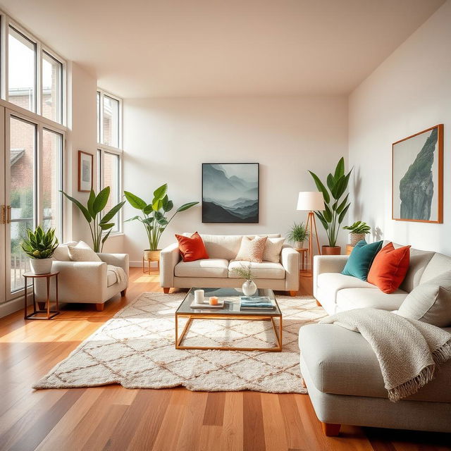 A beautifully designed modern room interior, showcasing a spacious living area with large windows that flood the room with natural light