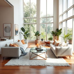 A beautifully designed modern room interior, showcasing a spacious living area with large windows that flood the room with natural light