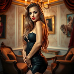 A glamorous and alluring adult film star posing confidently in an elegant room, adorned with lavish decor