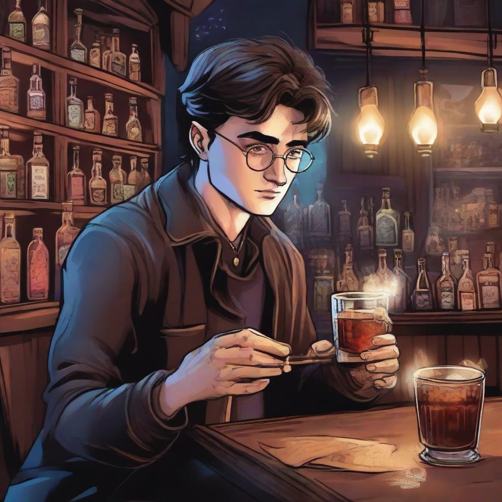 A detailed illustration of Harry Potter, depicted as an adult, enjoying a magical drink in a moody wizarding world bar, with the mysterious glow of magical artifacts around the place.