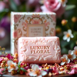 A beautifully designed soap bar named 'LUXURY FLORAL', featuring elegant packaging with intricate floral patterns in soft pastels