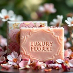 A beautifully designed soap bar named 'LUXURY FLORAL', featuring elegant packaging with intricate floral patterns in soft pastels
