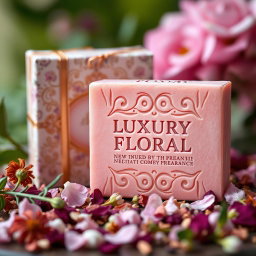A beautifully designed soap bar named 'LUXURY FLORAL', featuring elegant packaging with intricate floral patterns in soft pastels