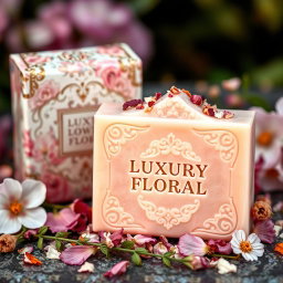 A beautifully designed soap bar named 'LUXURY FLORAL', featuring elegant packaging with intricate floral patterns in soft pastels