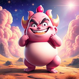 A colorful character inspired by Majin Buu from Dragon Ball Z with pink skin, showcasing an oversized, joyful expression