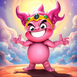 A colorful character inspired by Majin Buu from Dragon Ball Z with pink skin, showcasing an oversized, joyful expression