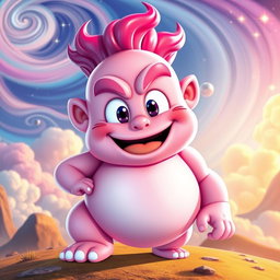 A colorful character inspired by Majin Buu from Dragon Ball Z with pink skin, showcasing an oversized, joyful expression