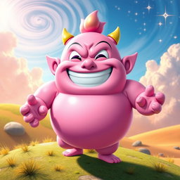 A colorful character inspired by Majin Buu from Dragon Ball Z with pink skin, showcasing an oversized, joyful expression