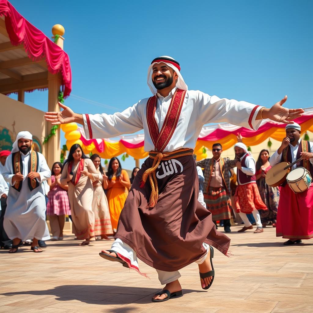 A lively scene depicting a man in traditional Middle Eastern attire performing the dabkeh dance