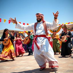 A lively scene depicting a man in traditional Middle Eastern attire performing the dabkeh dance