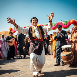 A lively scene depicting a man in traditional Middle Eastern attire performing the dabkeh dance