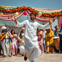 A lively scene depicting a man in traditional Middle Eastern attire performing the dabkeh dance