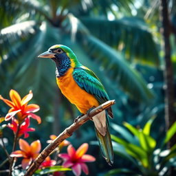 A magnificent bird of paradise perched gracefully on a glistening branch, its vibrant feathers shimmering in the sunlight