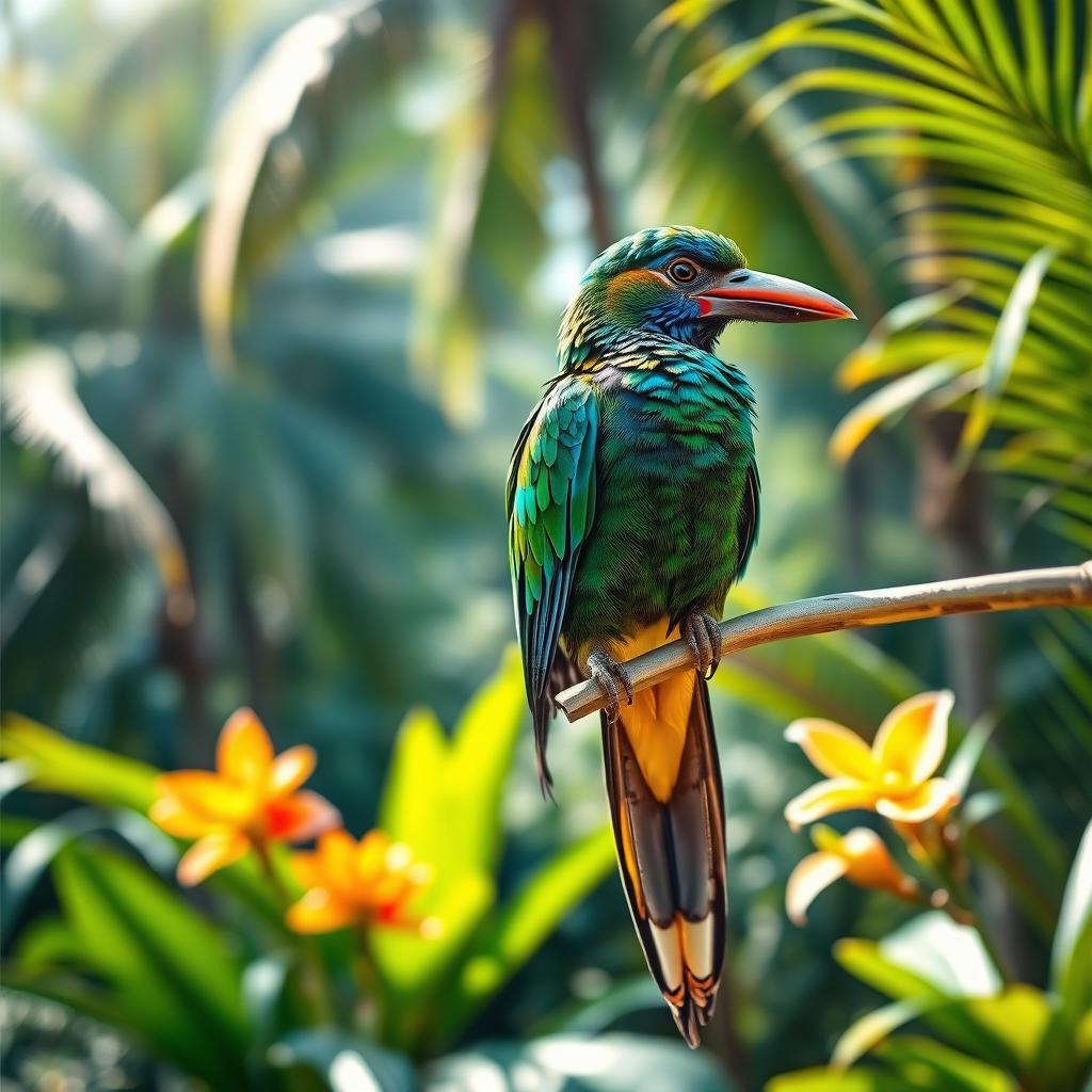 A magnificent bird of paradise perched gracefully on a glistening branch, its vibrant feathers shimmering in the sunlight