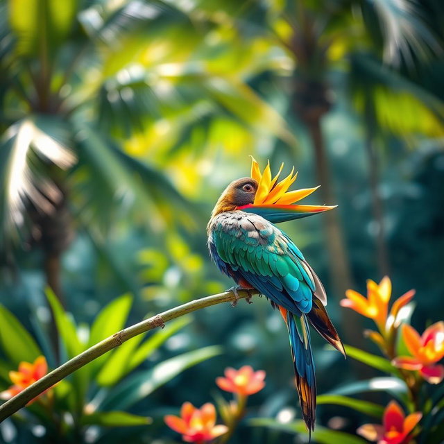 A magnificent bird of paradise perched gracefully on a glistening branch, its vibrant feathers shimmering in the sunlight