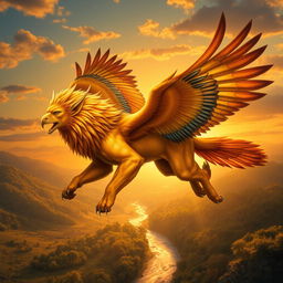 A fantastical creature that is a blend of a lion and an eagle, showcasing the majestic mane of a lion combined with the sharp beak and soaring wings of an eagle