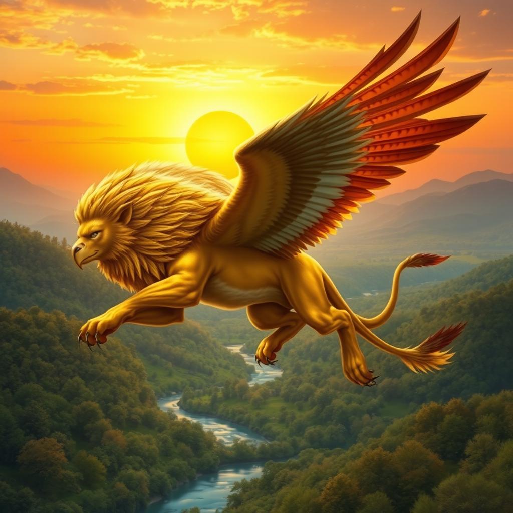 A fantastical creature that is a blend of a lion and an eagle, showcasing the majestic mane of a lion combined with the sharp beak and soaring wings of an eagle