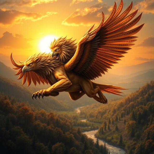 A fantastical creature that is a blend of a lion and an eagle, showcasing the majestic mane of a lion combined with the sharp beak and soaring wings of an eagle