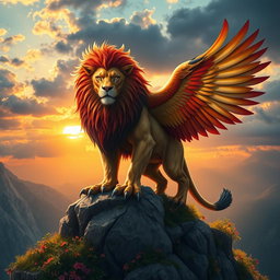 A fantastic creature that is a blend of a lion and an eagle, showcasing the majestic mane of the lion seamlessly merged with the beautiful, colorful feathers of the eagle