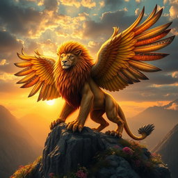 A fantastic creature that is a blend of a lion and an eagle, showcasing the majestic mane of the lion seamlessly merged with the beautiful, colorful feathers of the eagle