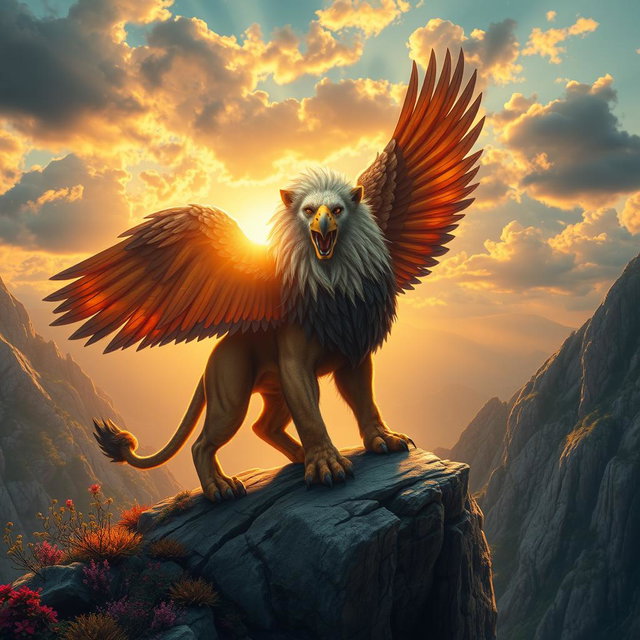 A fantastic creature that is a blend of a lion and an eagle, showcasing the majestic mane of the lion seamlessly merged with the beautiful, colorful feathers of the eagle