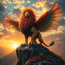 A fantastic creature that is a blend of a lion and an eagle, showcasing the majestic mane of the lion seamlessly merged with the beautiful, colorful feathers of the eagle