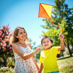 A warm and loving scene of a mother and son sharing a joyful moment together in a sunlit park