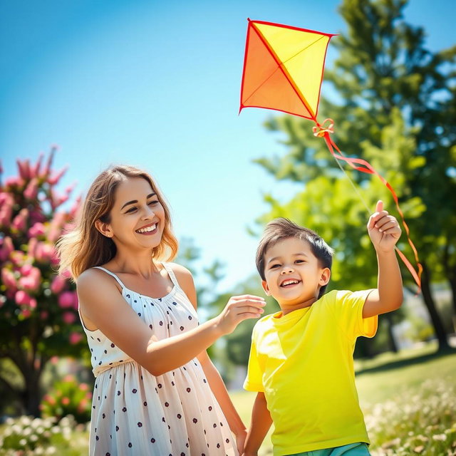 A warm and loving scene of a mother and son sharing a joyful moment together in a sunlit park