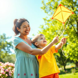 A warm and loving scene of a mother and son sharing a joyful moment together in a sunlit park